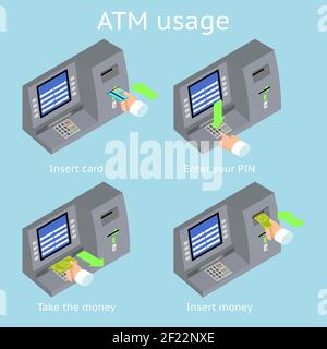 Nutzung des ATM-Terminals. Zahlung über das Terminal. Geld von einer ATM-Karte bekommen. Vektorgrafik Stock Vektor