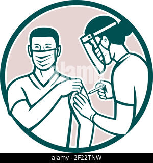 Icon Retro-Stil Illustration eines Frontarbeiters geimpft mit Covid-19 Impfung durch einen Arzt oder eine Krankenschwester im Inneren Kreis isoliert Rückg Stock Vektor