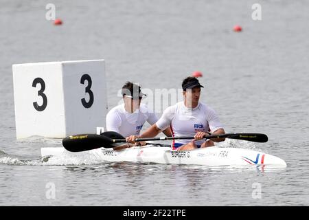 Guillaume Burger und Cyrille Carre aus Frankreich treten K2 Männer 1000 m während der ICF Kanusprint-Weltmeisterschaft 2017 in Racice, Tschechische Republik, Tag 2, 24th. August 2017 - Foto Jean-Marie Hervio / KMSP / DPPI Stockfoto