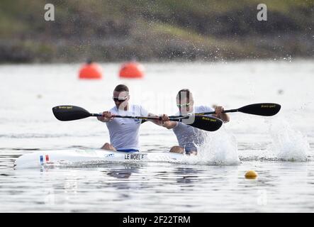 Franck Le Moel und Pierrick Bayle aus Frankreich treten bei den ICF Kanurennsport-Weltmeisterschaften 2017 in Racice, Tschechische Republik, 2. August 2017 in K2 Mannschaften 200 m an, Tag 24th - Foto Jean-Marie Hervio / KMSP / DPPI Stockfoto