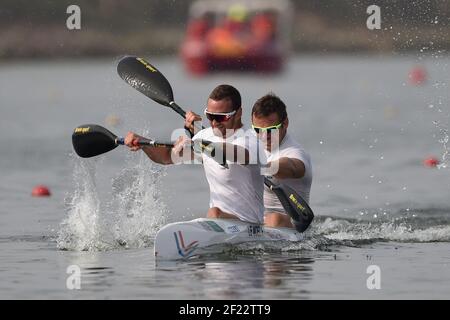 Franck Le Moel und Pierrick Bayle aus Frankreich treten bei den ICF Kanurennsport-Weltmeisterschaften 2017 in Racice, Tschechische Republik, 4. August 2017 in K2 Mannschaften 200 m an, Tag 26th - Foto Jean-Marie Hervio / KMSP / DPPI Stockfoto