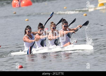 Sarah Guyot, Manon Hostens, Sarah Troel und Lea Jamelot aus Frankreich treten in K4 Frauen 500 m während der ICF Kanusprint-Weltmeisterschaft 2017 in Racice, Tschechische Republik, Tag 3, 25th. August 2017 - Foto Jean-Marie Hervio / KMSP / DPPI Stockfoto