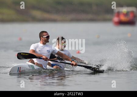 Franck Le Moel und Pierrick Bayle aus Frankreich treten bei den ICF Kanurennsport-Weltmeisterschaften 2017 in Racice, Tschechische Republik, 4. August 2017 in K2 Mannschaften 200 m an, Tag 26th - Foto Jean-Marie Hervio / KMSP / DPPI Stockfoto