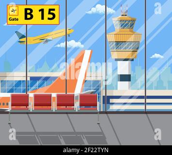 flughafenterminal mit Sitzen, Flugzeug, Kontrollturm Stock Vektor