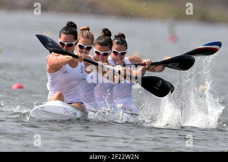 Sarah Guyot, Manon Hostens, Sarah Troel und Lea Jamelot aus Frankreich treten in K4 Frauen 500 m während der ICF Kanusprint-Weltmeisterschaft 2017 in Racice, Tschechische Republik, Tag 5, 27th. August 2017 - Foto Jean-Marie Hervio / KMSP / DPPI Stockfoto