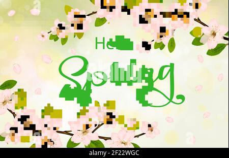 hallo Frühling Hintergrund mit Kirschblütenzweig, Pfirsichblüte, Sakura Zweig mit Bokeh. Vektorgrafik Stock Vektor