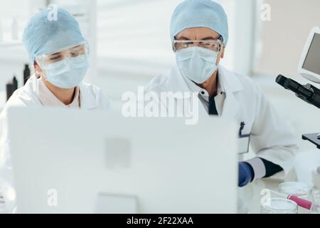 Forscher diskutieren Daten von einem Computermonitor. Stockfoto