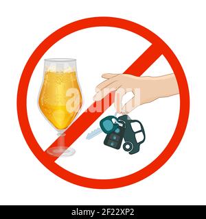 Trinken Sie nicht und fahren Schild isoliert auf weißem Hintergrund. Warnsymbol im roten Kreis mit Bier und Autoschlüssel. Seien Sie ein verantwortungsvoller Fahrer.Vektor-Illustration Stock Vektor