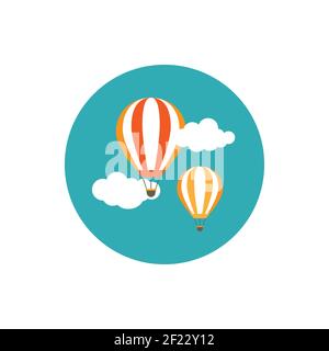 Orange Heißluftballons fliegen in den blauen Himmel mit Wolken. Flaches Cartoon-Design. Vektorhintergrund. Stock Vektor