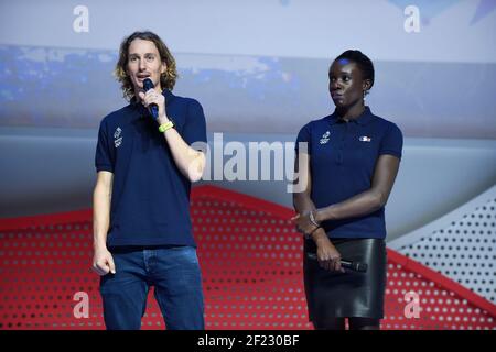 Alexis Contin und Mae Berenice Meite (FRA) bei der Präsentation des französischen Teams 100 Tage vor den Olympischen Spielen 2018 in Pyeongchang in Salle Pleyel, Paris am 4th. Oktober 2017. Foto Jean-Marie Hervio / KMSP / DPPI Stockfoto