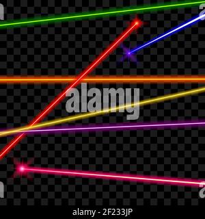 Vektor-Laserstrahlen auf transparentem karierten Hintergrund. Strahlenergie, glänzende Linie, helle Farbdarstellung Stock Vektor