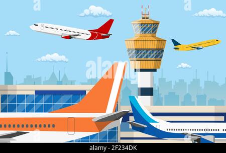 flughafen-Kontrollturm und fliegende zivile Flugzeug Stock Vektor