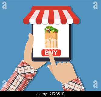 Online-Lebensmittel einkaufen, Smartphone. Stock Vektor