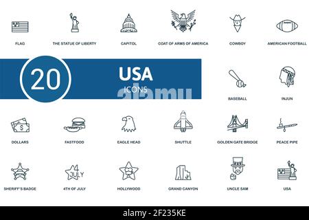 USA-Symbolsatz. Enthält editierbare Symbole usa Thema wie die Freiheitsstatue, Wappen von amerika, american Football und mehr. Stock Vektor