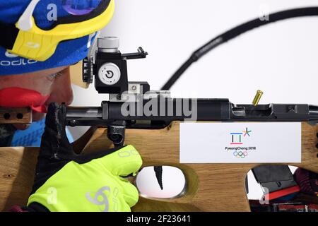 Marie Dorin-Habert (FRA) tritt während der XXIII Olympischen Winterspiele Pyeongchang 2018, Biathlon Training Session, am 7. Februar 2018, im Alpensia Biathlon Center in Pyeongchang, Südkorea an - Foto Philippe Millereau / KMSP / DPPI Stockfoto