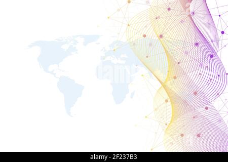 Futuristische Blockchain-Technologie mit abstraktem Hintergrund. Peer-to-Peer-Netzwerk-Geschäftskonzept. Globales Blockchain-Banner für Kryptowährungen. Wellenfluss. Stockfoto