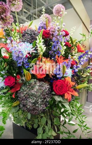 Schöner Strauß von fertigen Blumen. Bunte verschiedene Arten von Blumen werden in riesigen Blumensträußen gesammelt. Hortensien, Rosen, Gerberas, Chrysanthemen Stockfoto