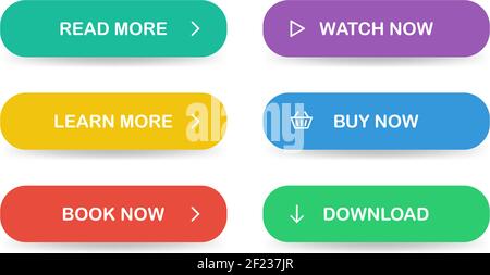 Flache Tasten für Website. Lesen Sie mehr, Weitere Informationen, Jetzt buchen, Jetzt ansehen, Jetzt kaufen, Herunterladen. Vektor EPS 10 Stock Vektor