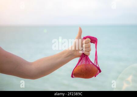 Netztasche mit Früchten in weiblicher Hand. Stilvolle junge Frau Hand halten Mesh-Einkaufstasche an hellgrauer Wand. Moderne wiederverwendbare Shopping concept.no Gesicht Stockfoto