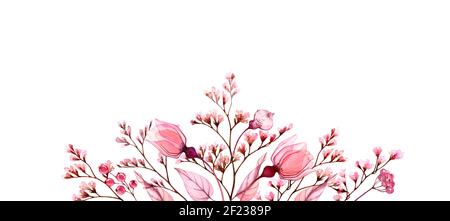Wasserfarbenes Blumenbanner. Transparente Rosenblüten und Blätter mit Platz für Text. Abstrakter Hintergrund für Logo. Isolierte handgezeichnete Illustration für Stockfoto
