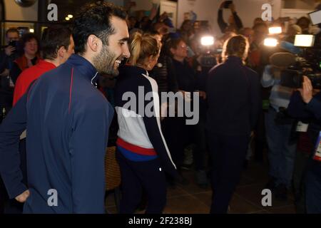 Martin Fourcade während der Champagnerparty der XXIII. Olympischen Winterspiele Pyeongchang 2018, am 20. Februar 2018, im Club France in Pyeongchang, Südkorea - Foto Philippe Millereau / KMSP / DPPI Stockfoto