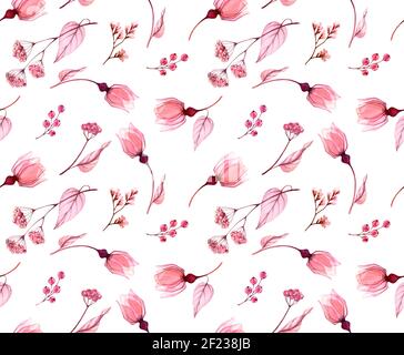 Aquarell Nahtloses Muster. Abstrakte rosa Rosen, Beeren, fallende Blätter auf weiß. Isolierte Hand gezeichnet floralen Hintergrund für Tapete, Textil Stockfoto