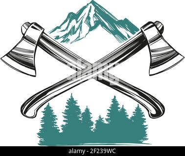 Achsen auf dem Hintergrund von Bergen und Wäldern, ein Emblem für den Tourismus handgezeichnete Vektor-Illustration Skizze. Stock Vektor