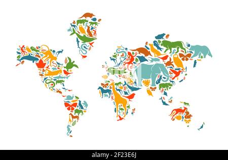 Verschiedene Tierformen machen Weltkarte Form auf isolierten weißen Hintergrund. Bunte Tiere Silhouette Illustration für wilde Leben Planet Konzept oder EA Stock Vektor