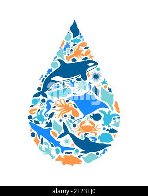 Diverse marine Tierformen machen Wassertropfen Form auf isolierten weißen Hintergrund. Flache aquatische Tiere Silhouette Illustration. Aquarium Fische oder Tropf Stock Vektor