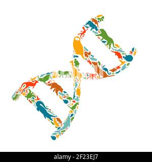 Verschiedene Tierformen machen DNA Strang Form auf isolierten weißen Hintergrund. Flache Tiere Silhouette Illustration. Wissenschaftliche Forschung, Biodiversität, OR Stock Vektor