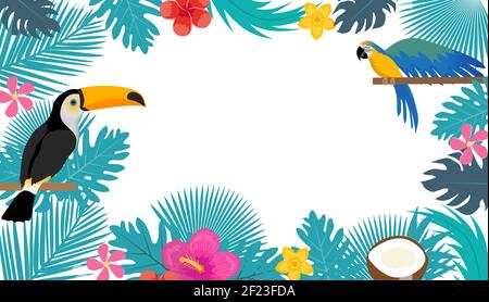 Sommer Tropical Hintergrund mit Platz für Text. Toco Tukan und Ara auf tropischen Blättern Rahmenvorlage für Ihr Design. Vektorgrafik Stock Vektor