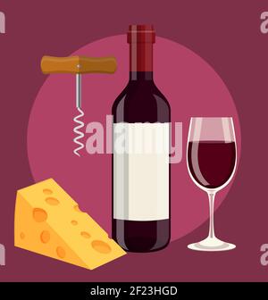 Flasche, Glas Weinkäse und Korkenzieher Stock Vektor
