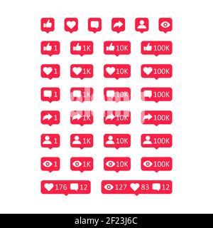 Vektor Social Media Aktivitäten Symbole gesetzt. Daumen hoch, Gefällt mir, Kommentar, teilen, Follower, Symbol für das Symbol „Ansichten“. Vektorgrafik EPS 10 Stock Vektor