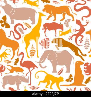 Afrikanische wild Tier Symbol nahtlose Muster Illustration. Flat afrika Kontinent Tiere Hintergrund für Wildlife Safari Konzept oder Naturschutzgebiet Camp Stock Vektor