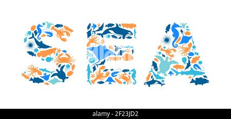 Diverse marine Tier Formen machen Wasser Meer Text Zeichen Form auf isolierten weißen Hintergrund. Flache aquatische Tiere Silhouette Illustration. Aquarium fis Stock Vektor