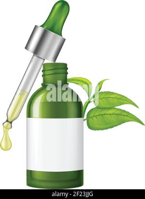 Eye Tropf Tropfen essentiell von Teebaumöl und Glasflasche mit grünem Teeblättern. Vektorgrafik. Stock Vektor