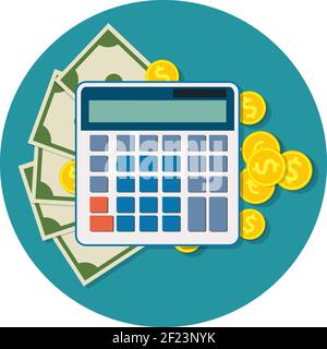 Geld Dollar Scheine und Münzen, Rechner-Symbol. Stock Vektor