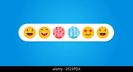 Abstraktes Set von Emoticons. Emoji flache soziale Symbole auf blauem Hintergrund. Vektorgrafik EPS 10 Stock Vektor