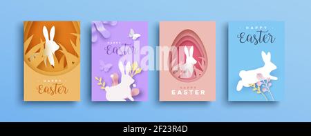 Frohe ostern Papier geschnitten Grußkarte Set von bunten Ausschnitt Ei-Form mit papercut Hase, Schmetterling und Natur Dekoration Hintergrund. 3D Frühlingssaison Stock Vektor