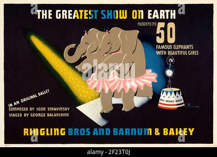 Klassisches Poster, die größte Show auf der Erde! Ringlin Bros und Barnum & Bailey, Elefanten auf einem Zirkusposter. 50 berühmte Elefanten mit schönen Mädchen. Stockfoto