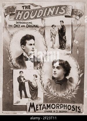 Klassisches Harry Houdini Poster, Metamorphose Wechsel in 3 Sekunden! Stockfoto