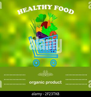 Warenkorb mit verschiedenen Gemüse isoliert auf grün verschwommen Hintergrund.Bauern Markt Poster.Eco-Label von Bio-frischen Lebensmitteln.Vektor-Illustration Stock Vektor