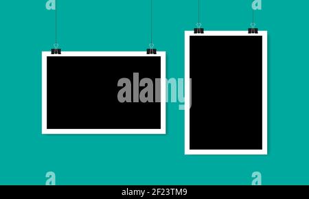Leerer horizontaler und vertikaler Fotorahmen, der an einem Clip hängt. Vektorgrafik EPS 10 Stock Vektor