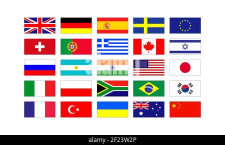 Set von beliebten Flaggen der Länder Europas und Amerikas isoliert auf weißem Hintergrund. Vektorgrafik EPS 10 Stock Vektor