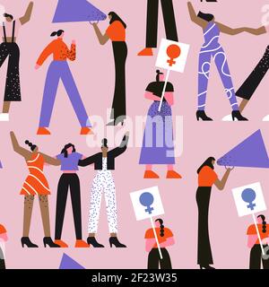 Diverse Frauen zusammen, flaches Cartoon nahtloses Muster für den Frauentag oder feministisches Veranstaltungskonzept. Bunte rosa Menge von Mädchen Charakter Hintergrund. Wom Stock Vektor