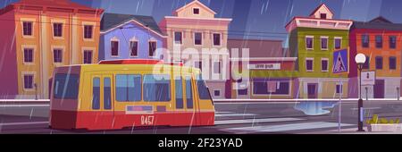 Regen auf der Stadtstraße mit Häusern, Straßenbahn und leerer Autostraße mit Fußgängerüberweg. Vektor-Cartoon-Illustration der Stadt mit Straßenbahn und Gebäuden bei regnerischem Wetter Stock Vektor