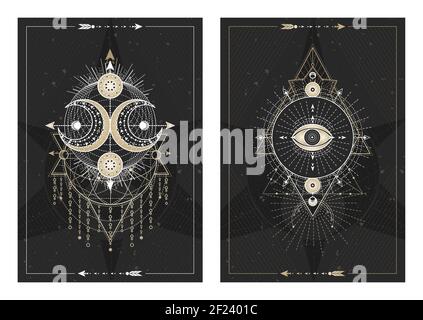 Vektor dunkle Illustrationen mit heiligen Geometriesymbolen, Grunge Texturen und Rahmen. Bilder in schwarz, weiß und Gold. Stock Vektor
