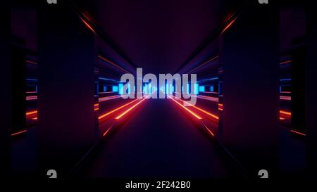 Abstract 3D Illustration eines dunklen geometrischen Tunnels mit leuchtenden Linien Stockfoto