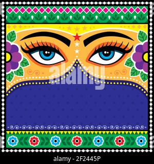 Pakistanische oder indische LKW-Kunst-Vektor-Muster, mit weiblichen Augen und Blumen - Vorlage mit Leerzeichen für Text Stock Vektor