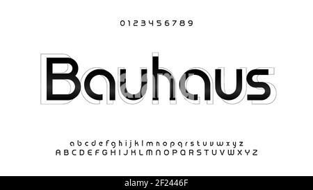 Tolles bauhaus-Alphabet. Moderne futuristische Schrift, Techno Stil Buchstaben. Kleinbuchstaben, Großbuchstaben und Nummerntypen für Logo, Überschrift, Monogramm, Beschriftung Stock Vektor